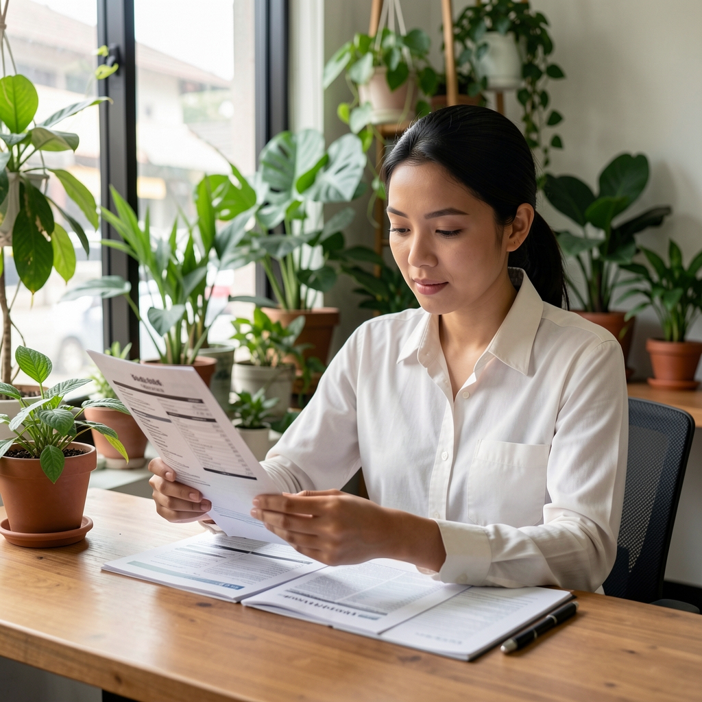 Qualified nutrition professional reviewing ingredient sourcing documentation at a wooden desk in a softly lit Jakarta office