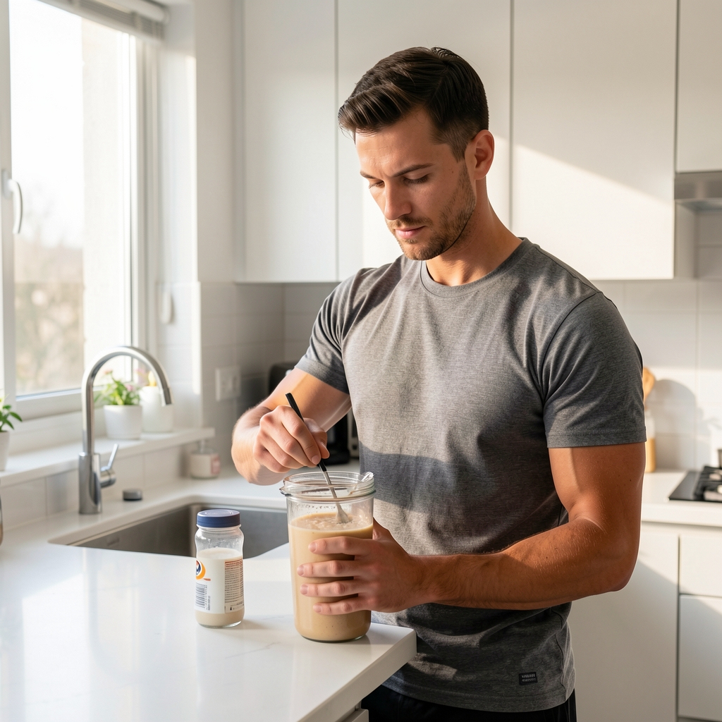 Active man preparing a post-workout shake in a clean modern kitchen, natural morning light streaming through window