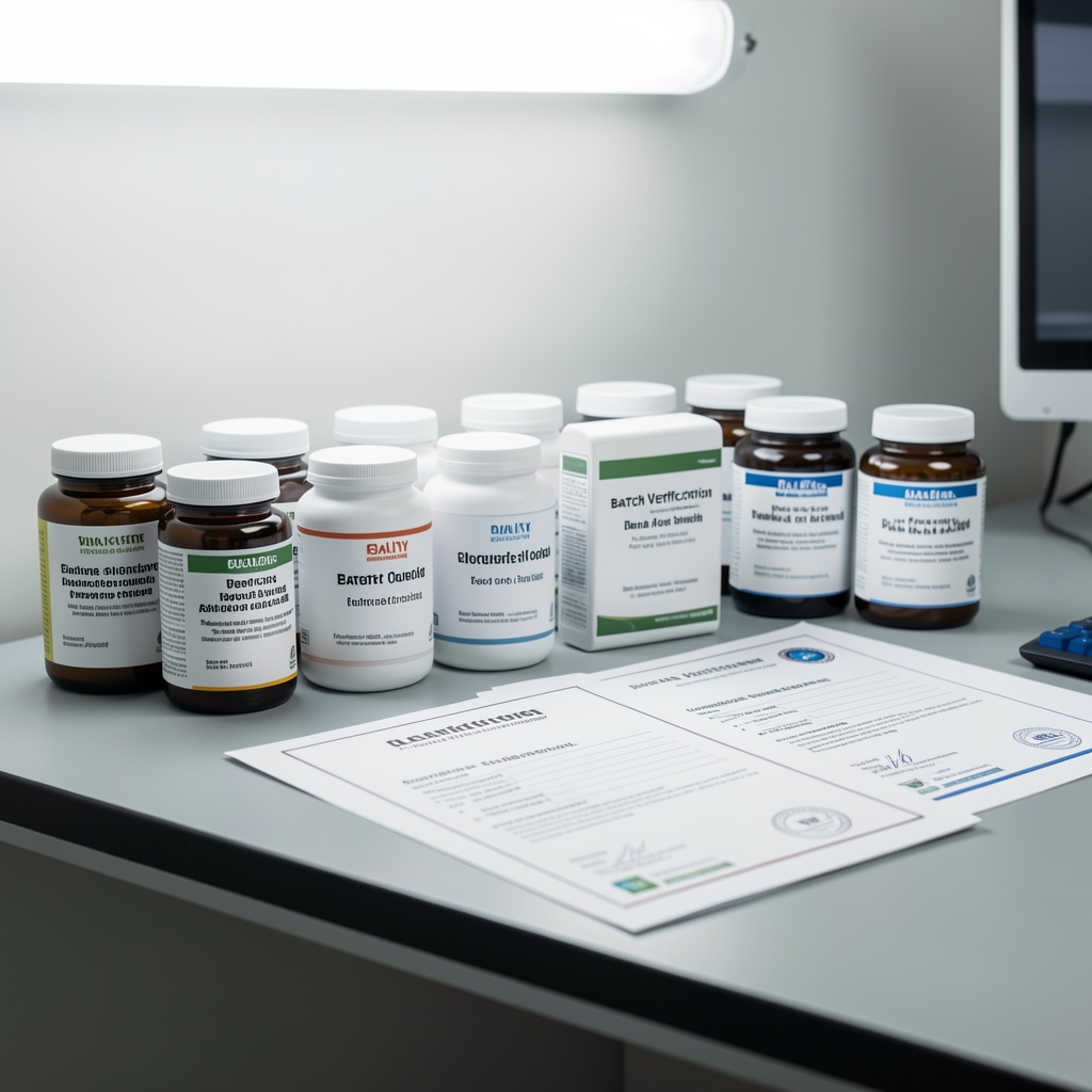 Quality-control bench with labelled supplement containers and printed batch verification certificates under controlled bright lighting