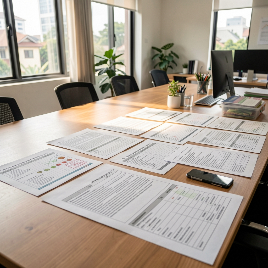 Wide view of ingredient sourcing documentation laid out across a large table in a Jakarta workspace with natural afternoon light