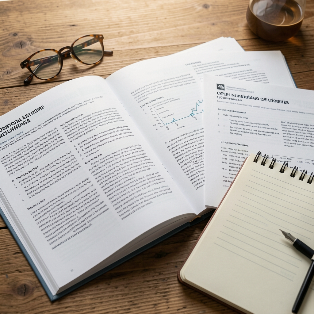 Open nutritional science journals and printed research papers spread across a wooden desk with reading glasses and notebook