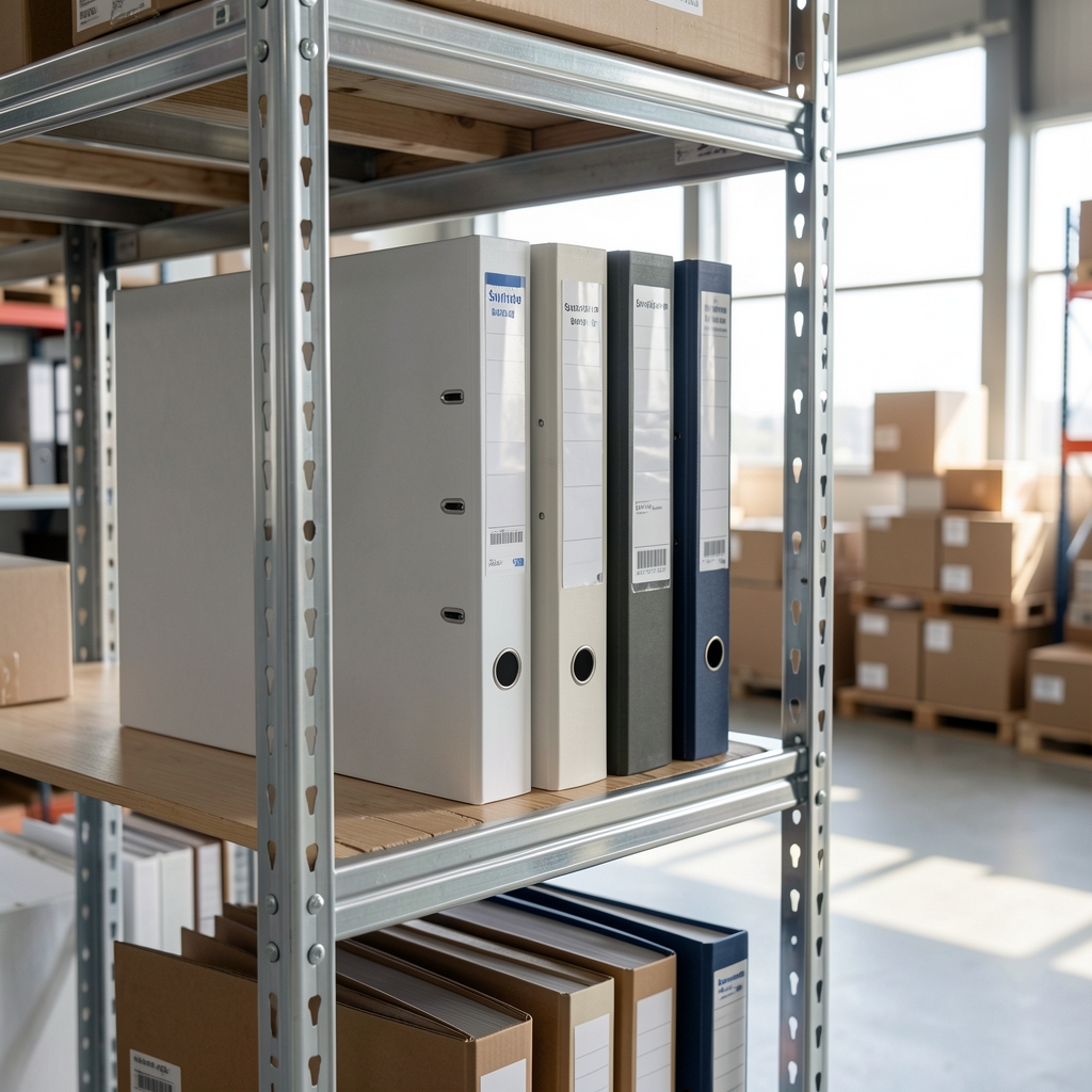 Supplier documentation folders on a metal shelving unit in a clean warehouse storage facility with natural light