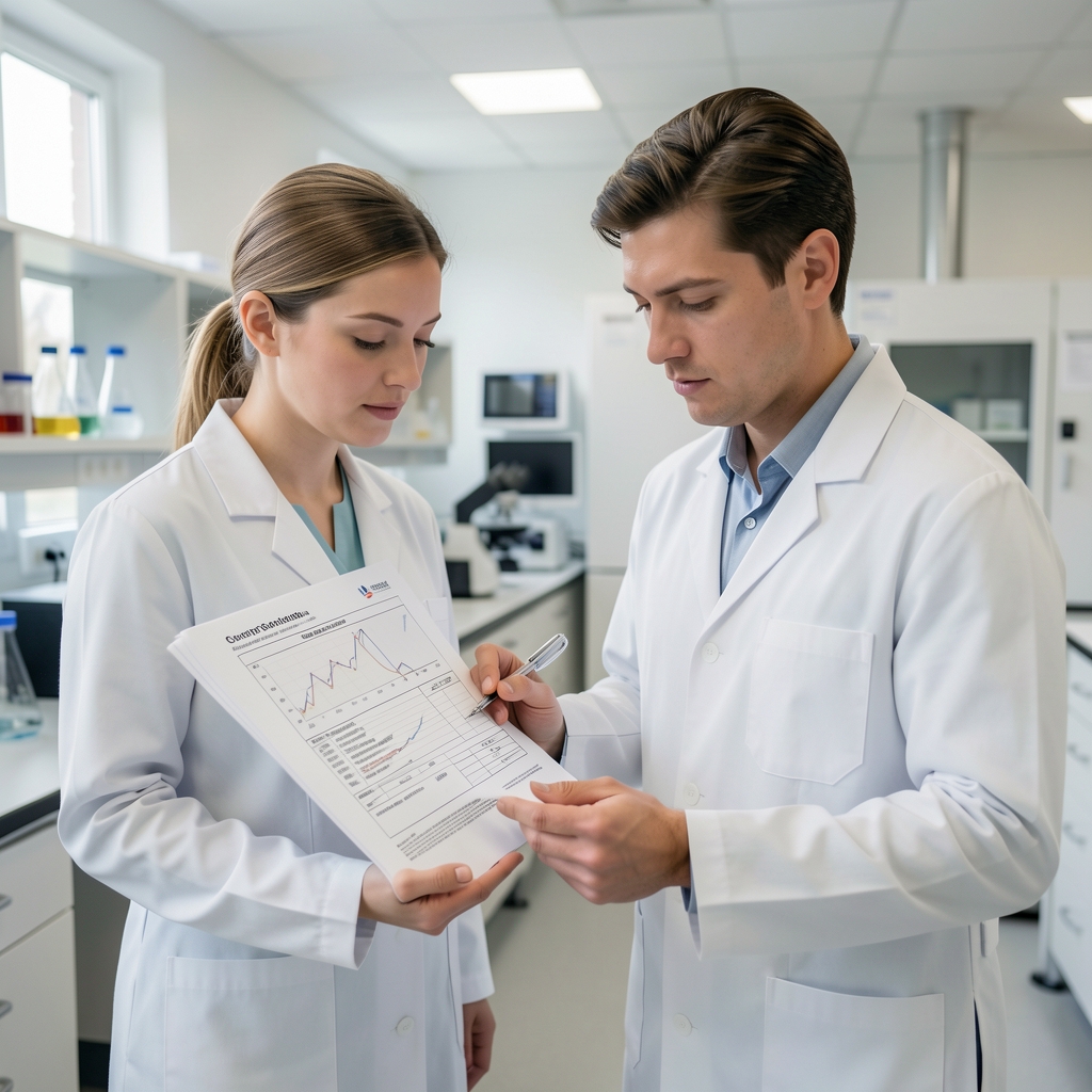 Quality control technician reviewing printed batch analysis report in a clean well-lit laboratory environment