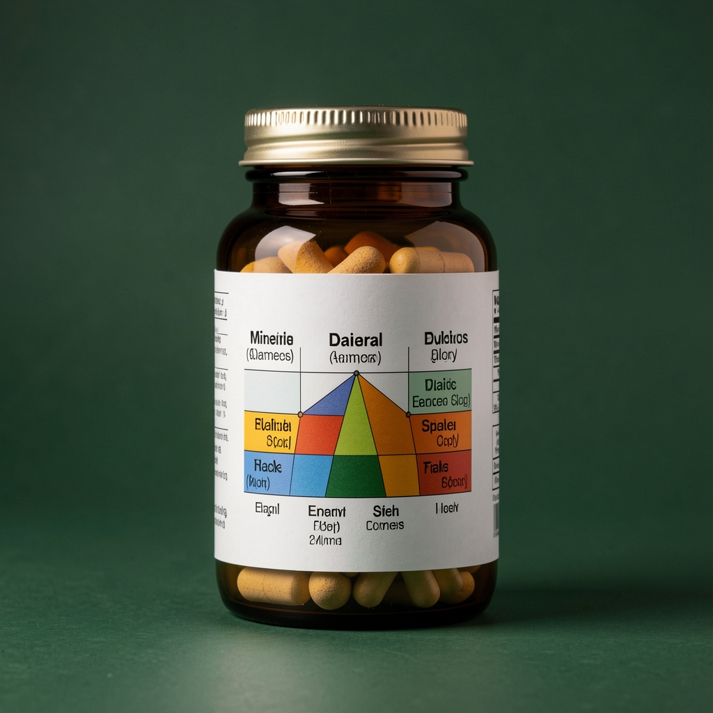 Single amber glass jar of daily mineral supplement against dark green background, label showing elemental composition chart