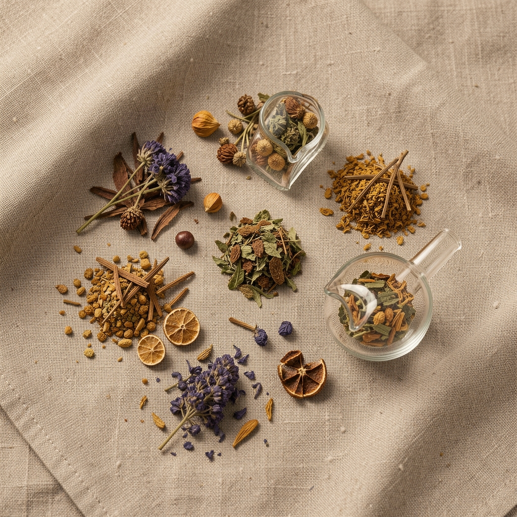Flat lay of dried botanical plant extracts arranged on natural linen cloth with small glass measuring vessel