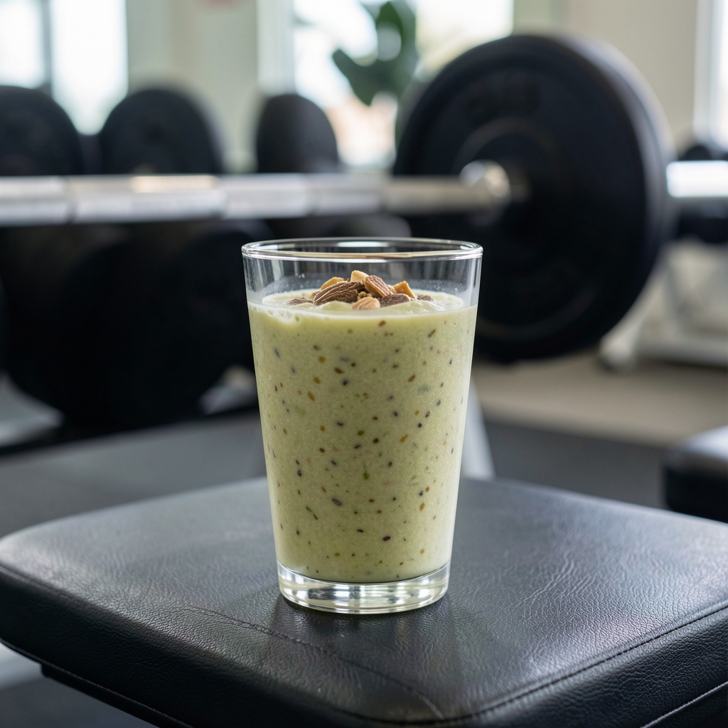 Pre-workout nutrition shake in a clear glass on a gym bench with a barbell visible in the background soft focus