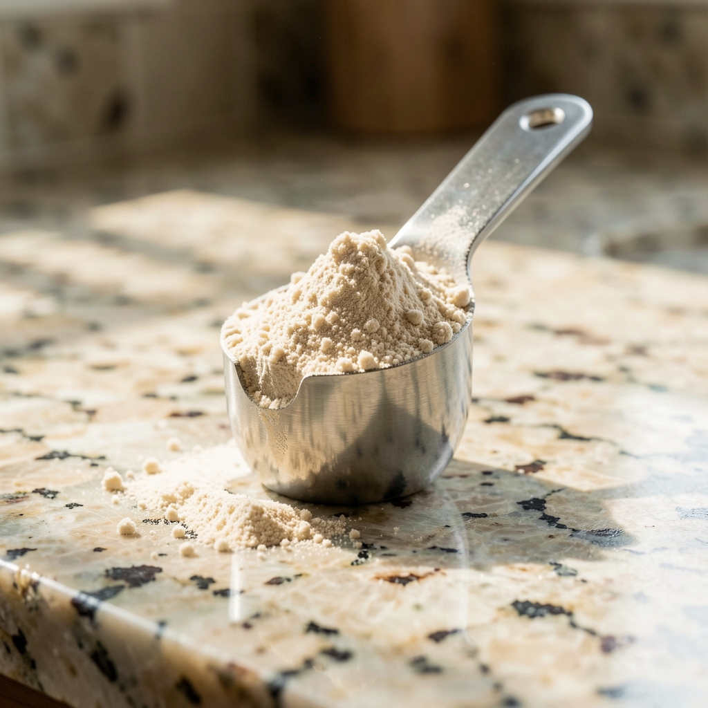 Recovery supplement powder measured into a stainless steel scoop on a clean granite countertop in morning light