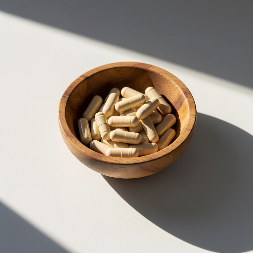 Vitamin D3 supplement soft-gels arranged in small wooden bowl with sunlight casting long shadows on white surface
