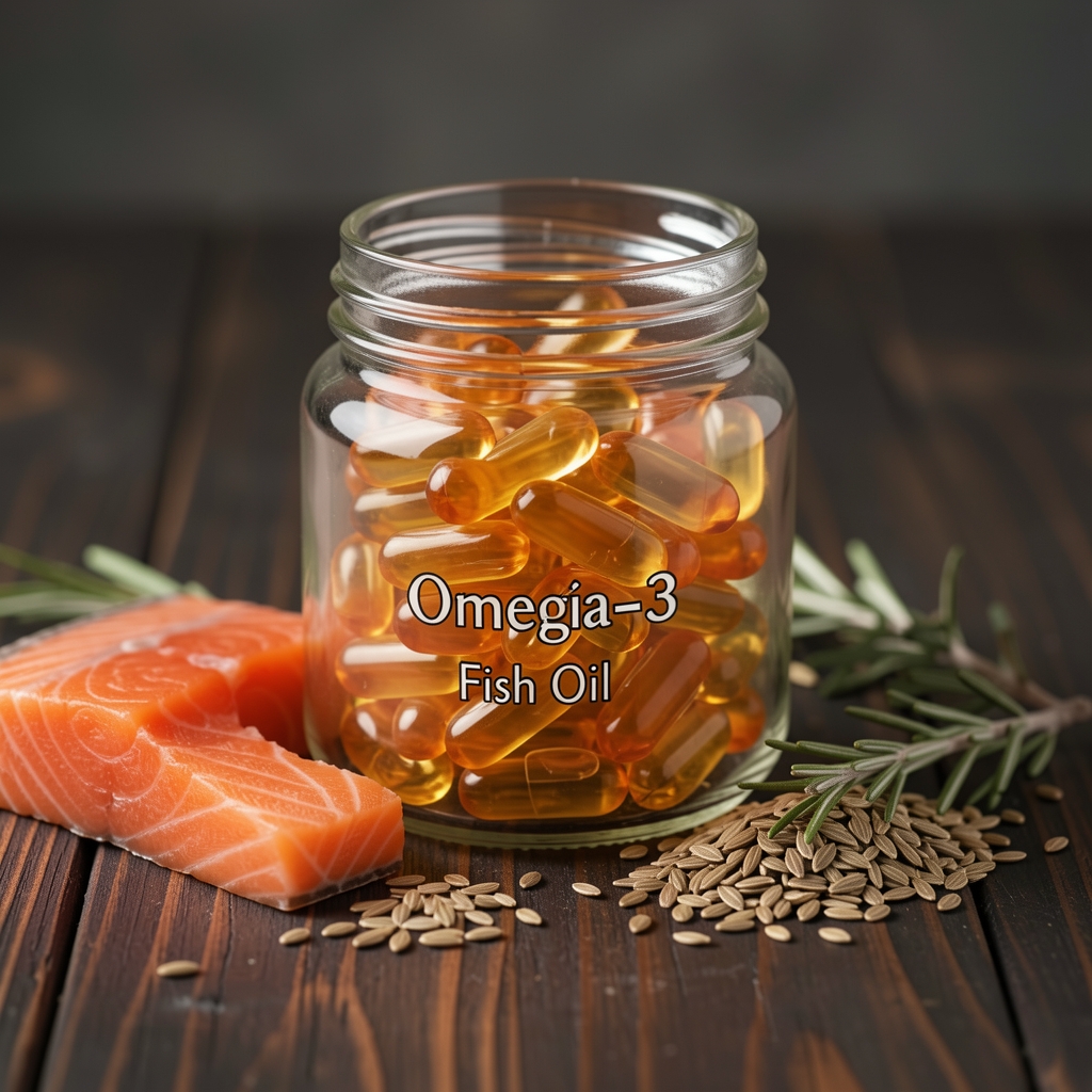 Omega-3 fish oil softgels in glass jar with salmon and flaxseed ingredients arranged on dark wood surface