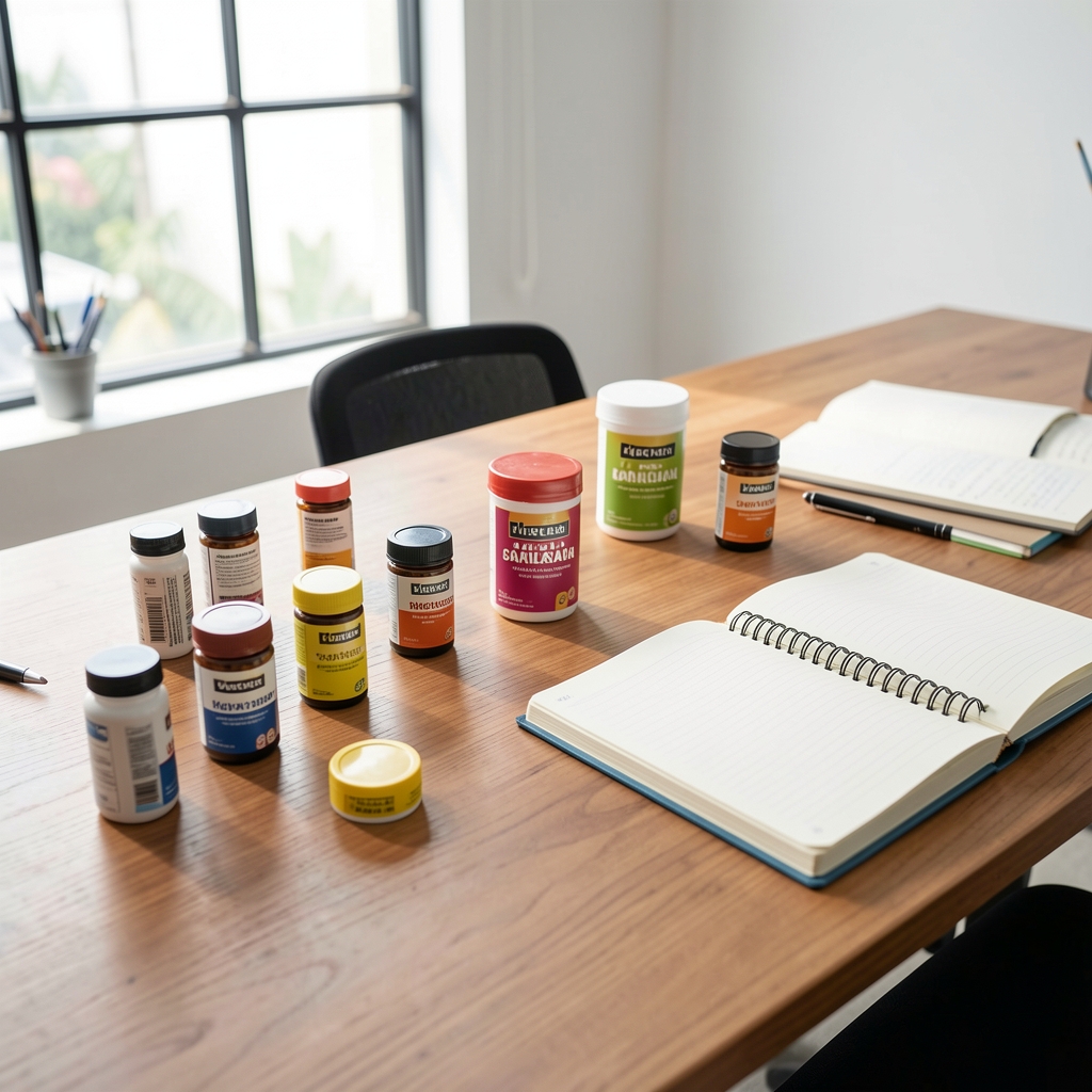 Bright editorial workspace with wooden desk, scattered supplement containers, and open notebooks in a Jakarta studio