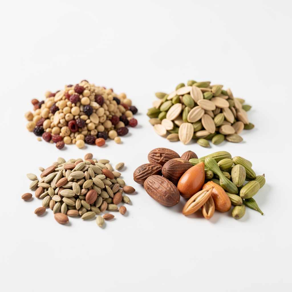 Close-up of plant-based ingredient samples arranged on a clean white surface in controlled studio lighting