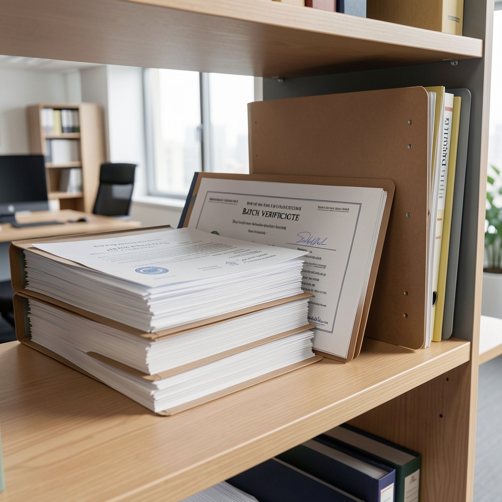 Open archive folders with printed batch verification certificates stacked on a wooden shelf in a well-lit office